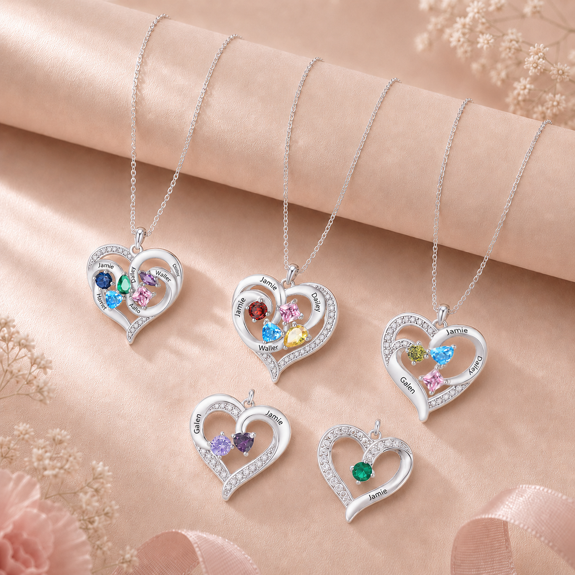 Personalized Double Heart Birthstone Necklace Customized with 1-5 Names
