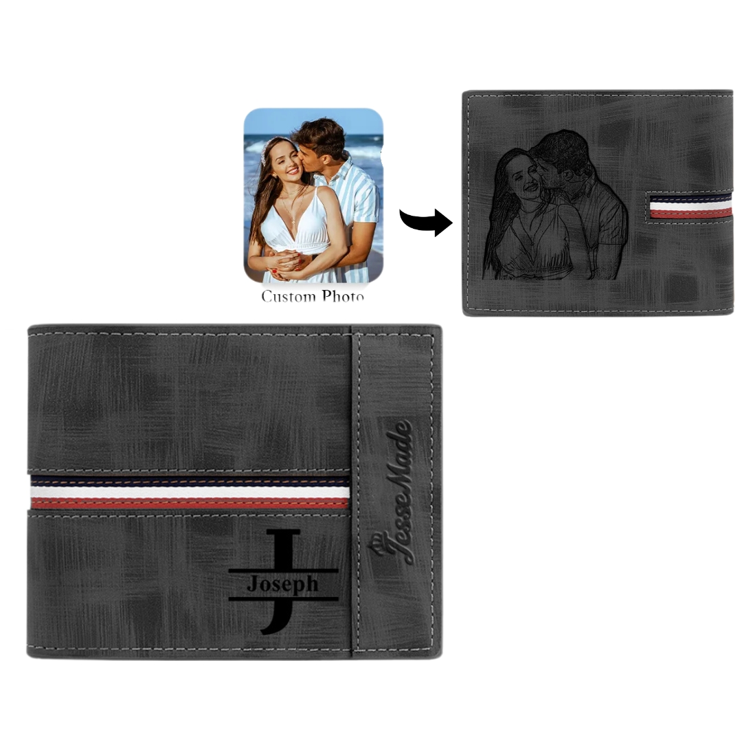 Personalized Name Leather Men's Wallet With Card Slot Engraved Name & Letter & Photo Christmas Gift For Him | Jessemade