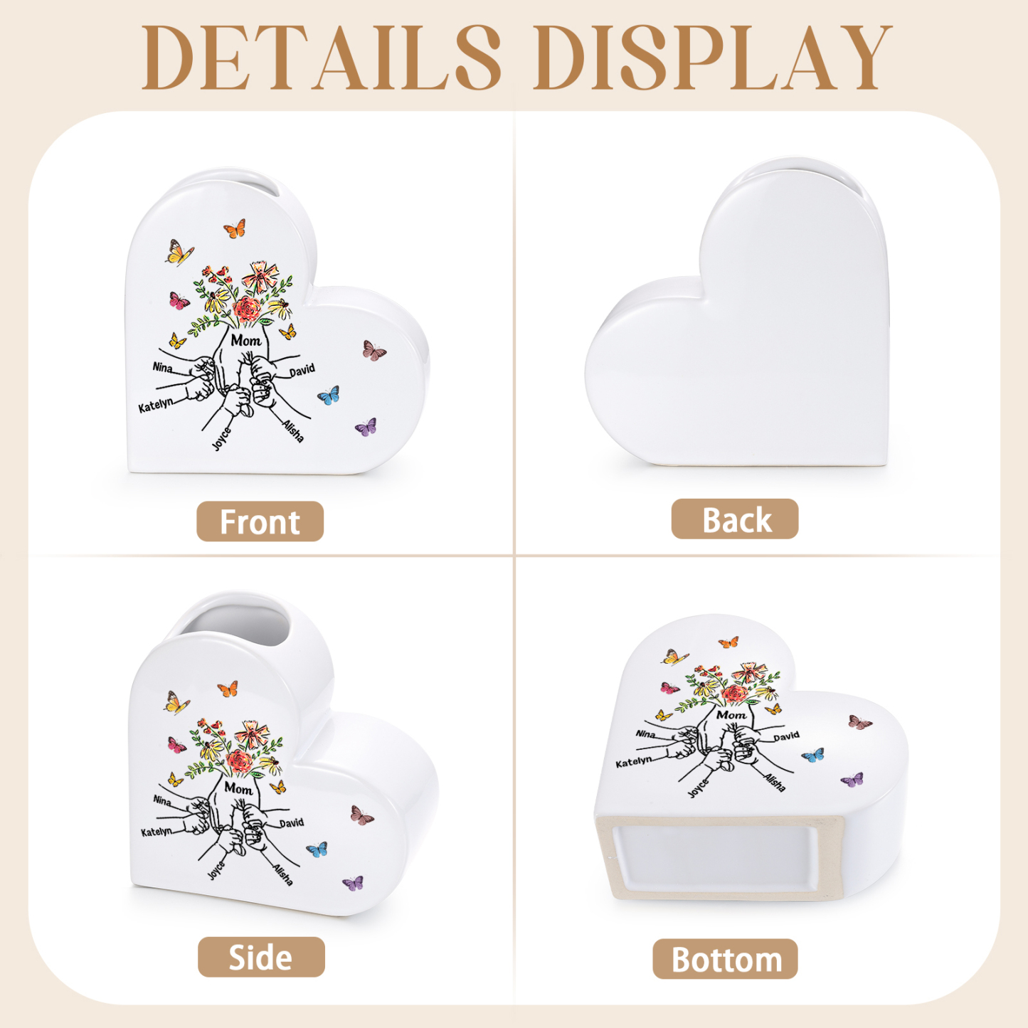 Personalized Ceramic Heart Vase Holding Hand Custom With 2–8 Names Gift For Mom Or Grandma