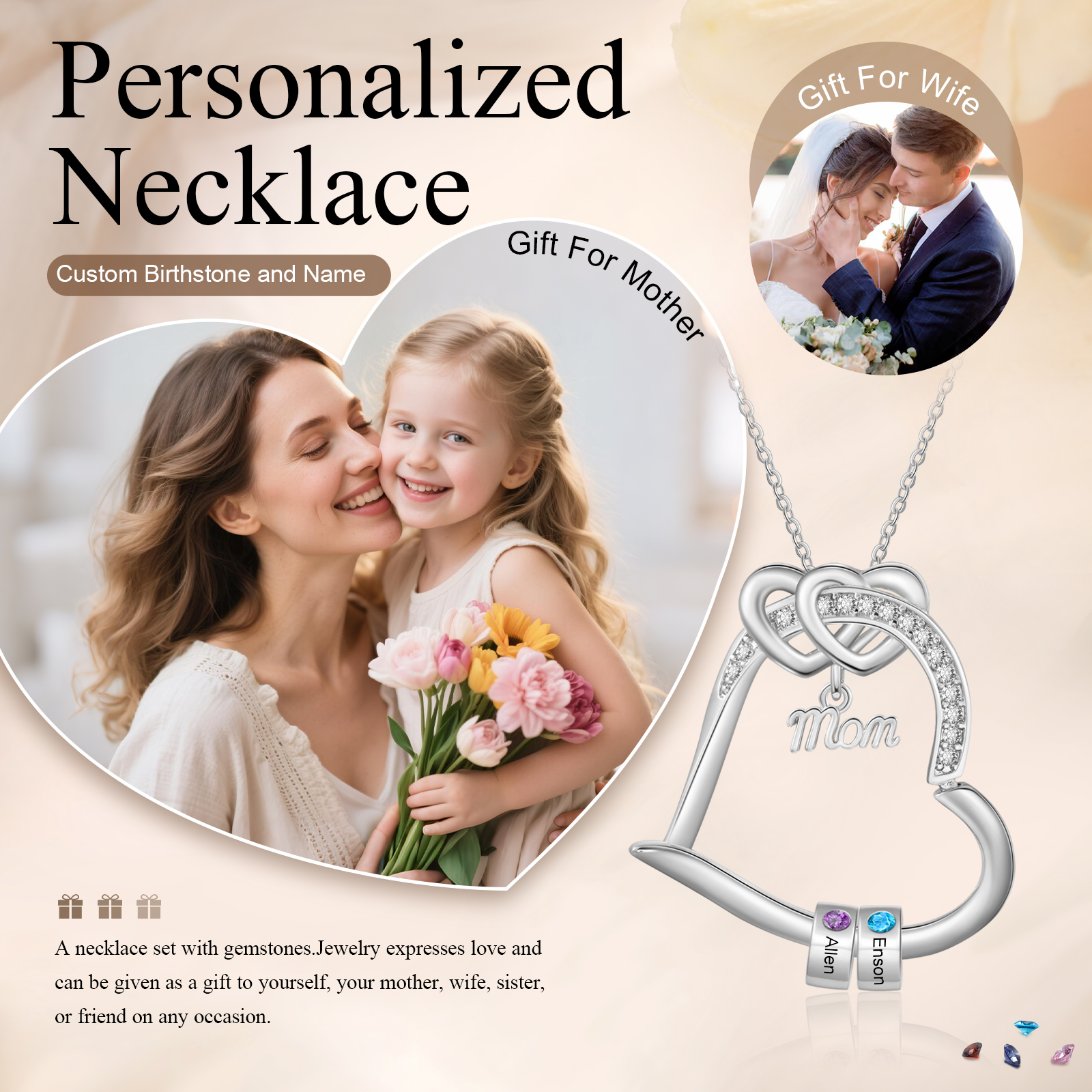 Personalized Mom Heart Necklace with 1–5 Names and Birthstones