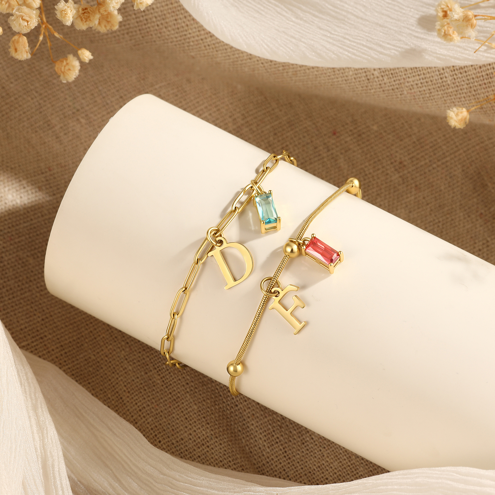 Personalized Initial Rectangle Birthstone Gold Anklet
