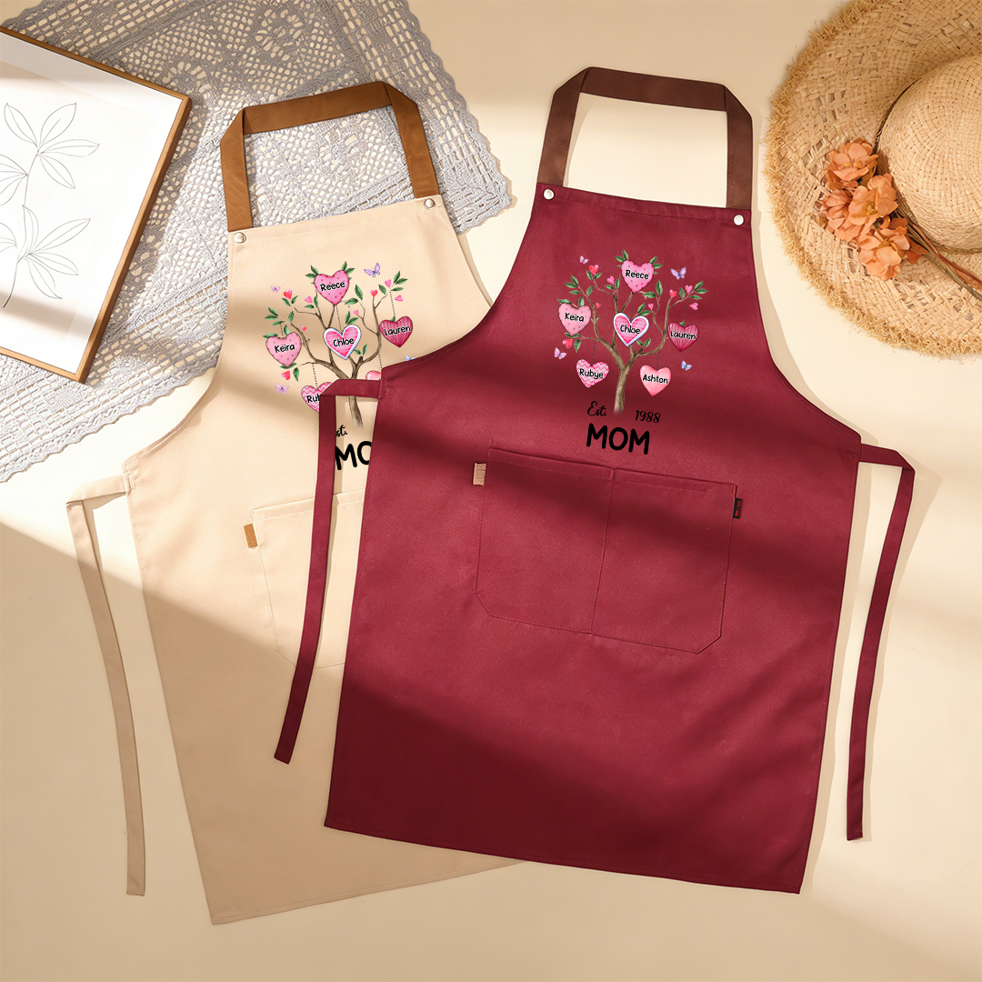 Personalized Mom Family Tree Apron with Pocket Customized with 2–8 Names