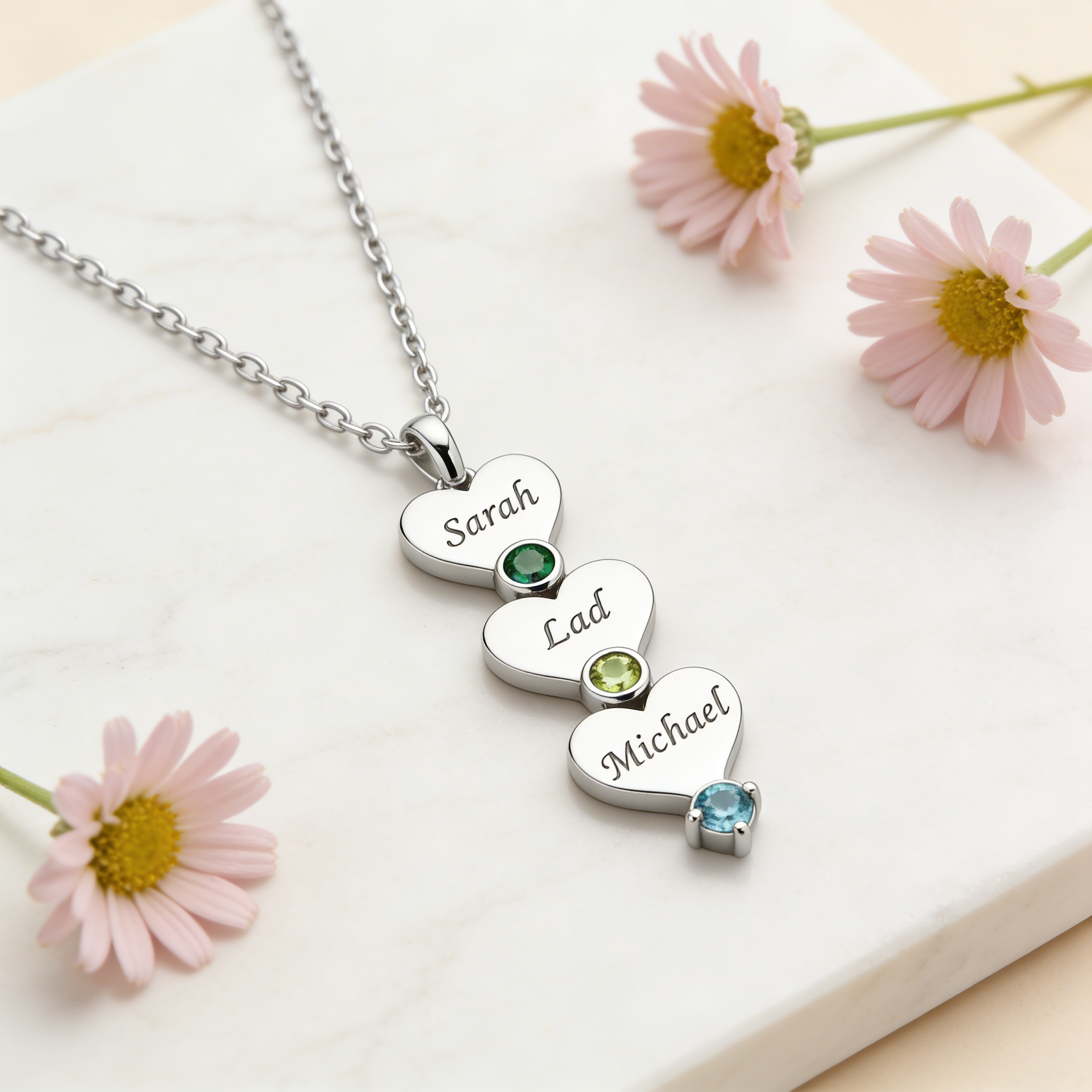 Personalized Necklace With Vertical Hearts Pendant Custom with 1-5 Names And Birthstones Gift For Mom