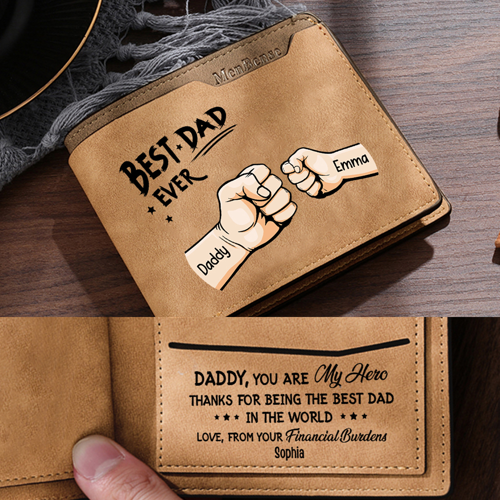 2 Names - Personalized Fist Bump Pattern Custom Text Leather Men's Wallet as a Father's Day Gift for Dad