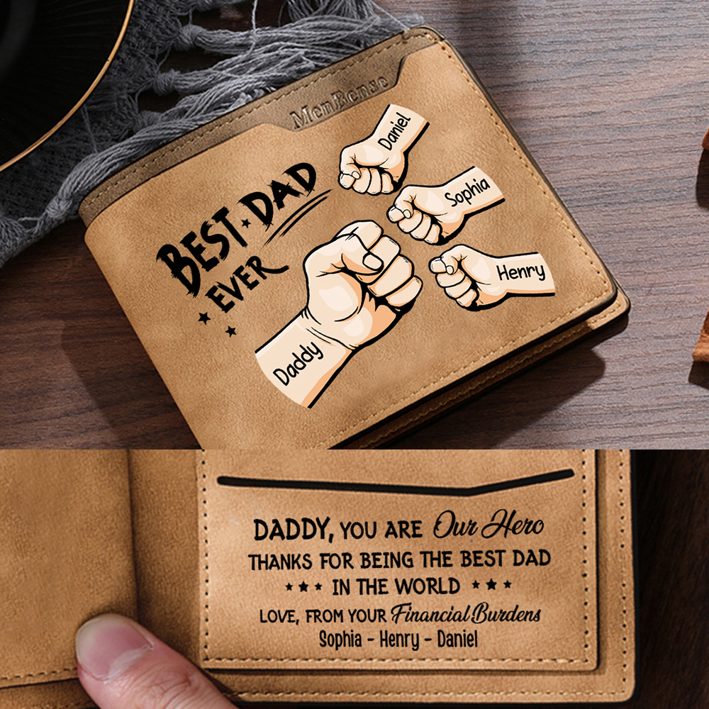 4 Names - Personalized Fist Bump Pattern Custom Text Leather Men's Wal