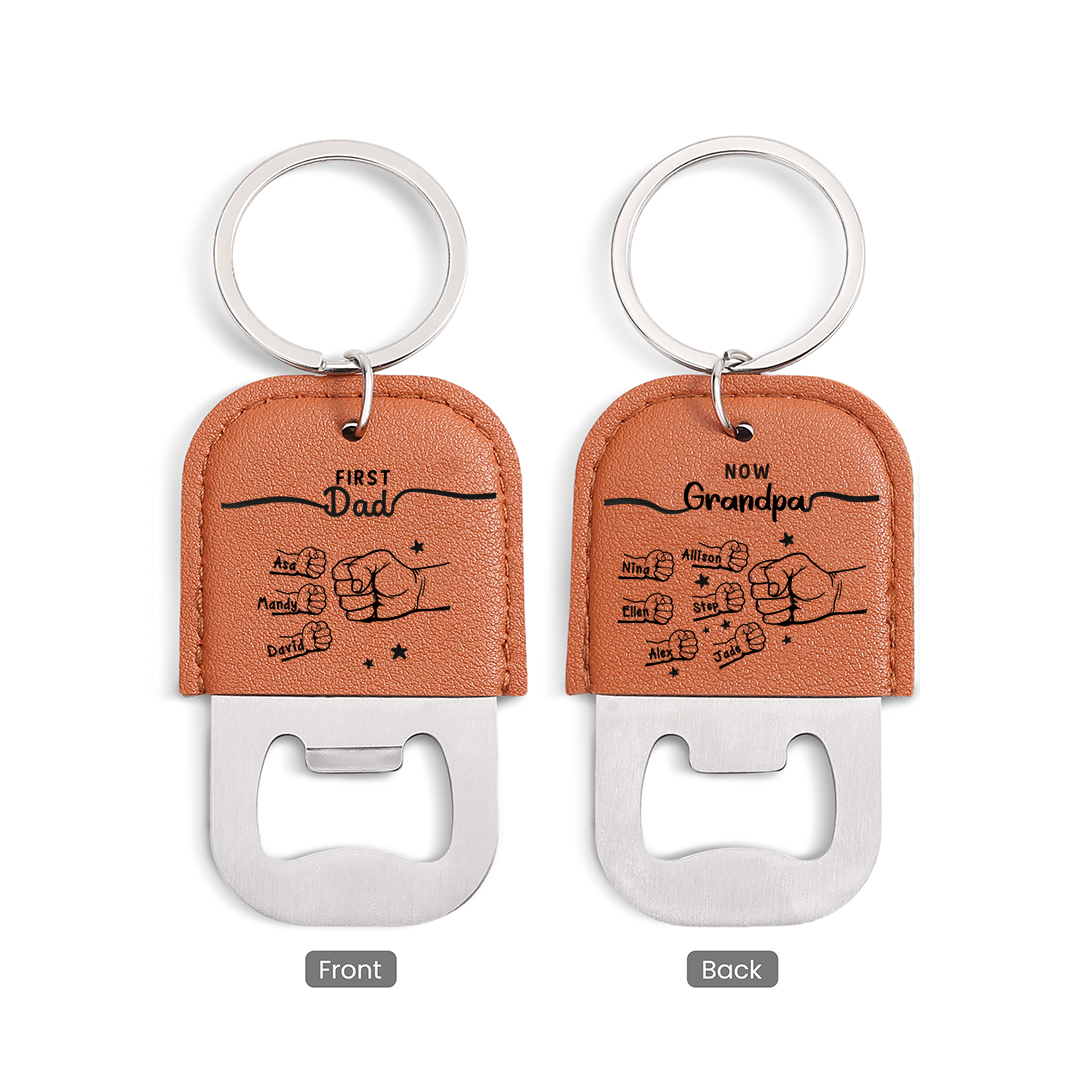 Personalized Leather Keychain With Bottle Opener Custom with 2-12 Names And Fist Bumps