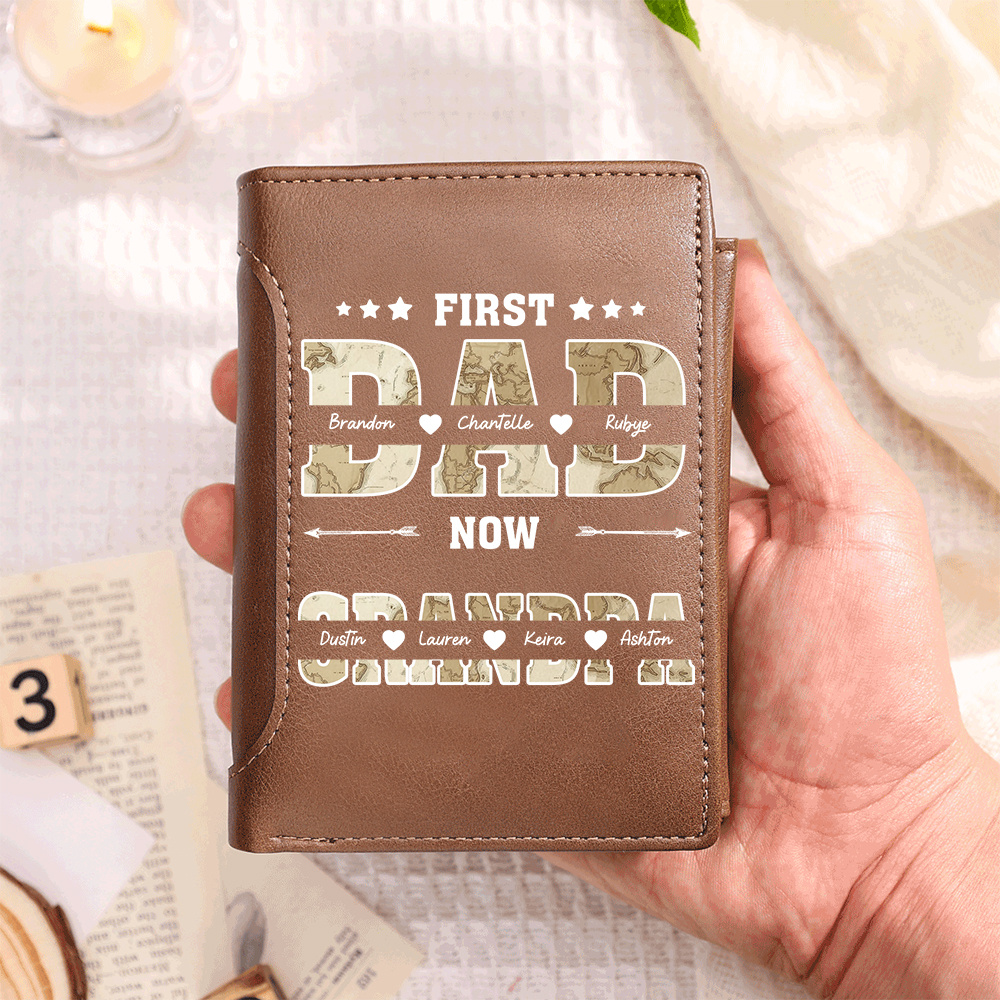Personalized Leather Wallet With Map Design For Dad And Grandpa Customizable With 2–10 Names