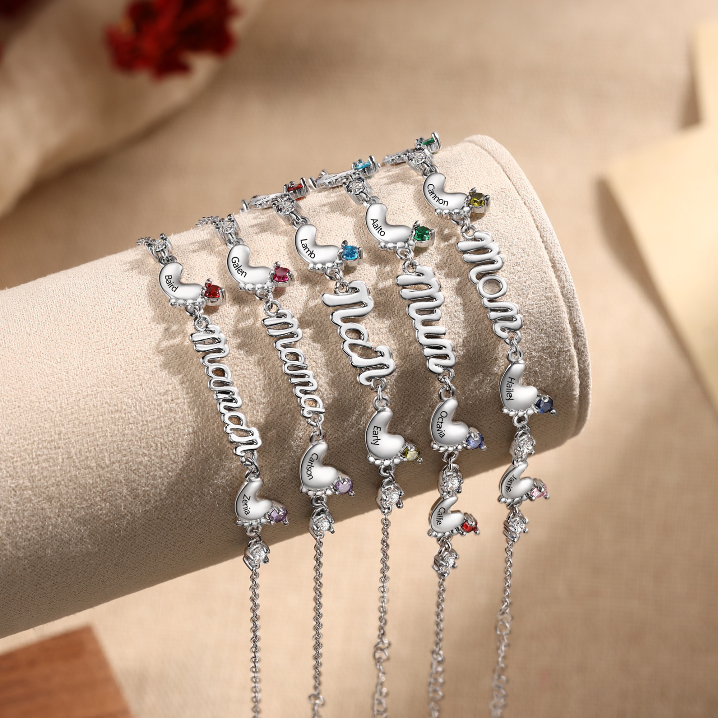 Personalized Mom Bracelet with 2–5 Baby Feet Names and Birthstones