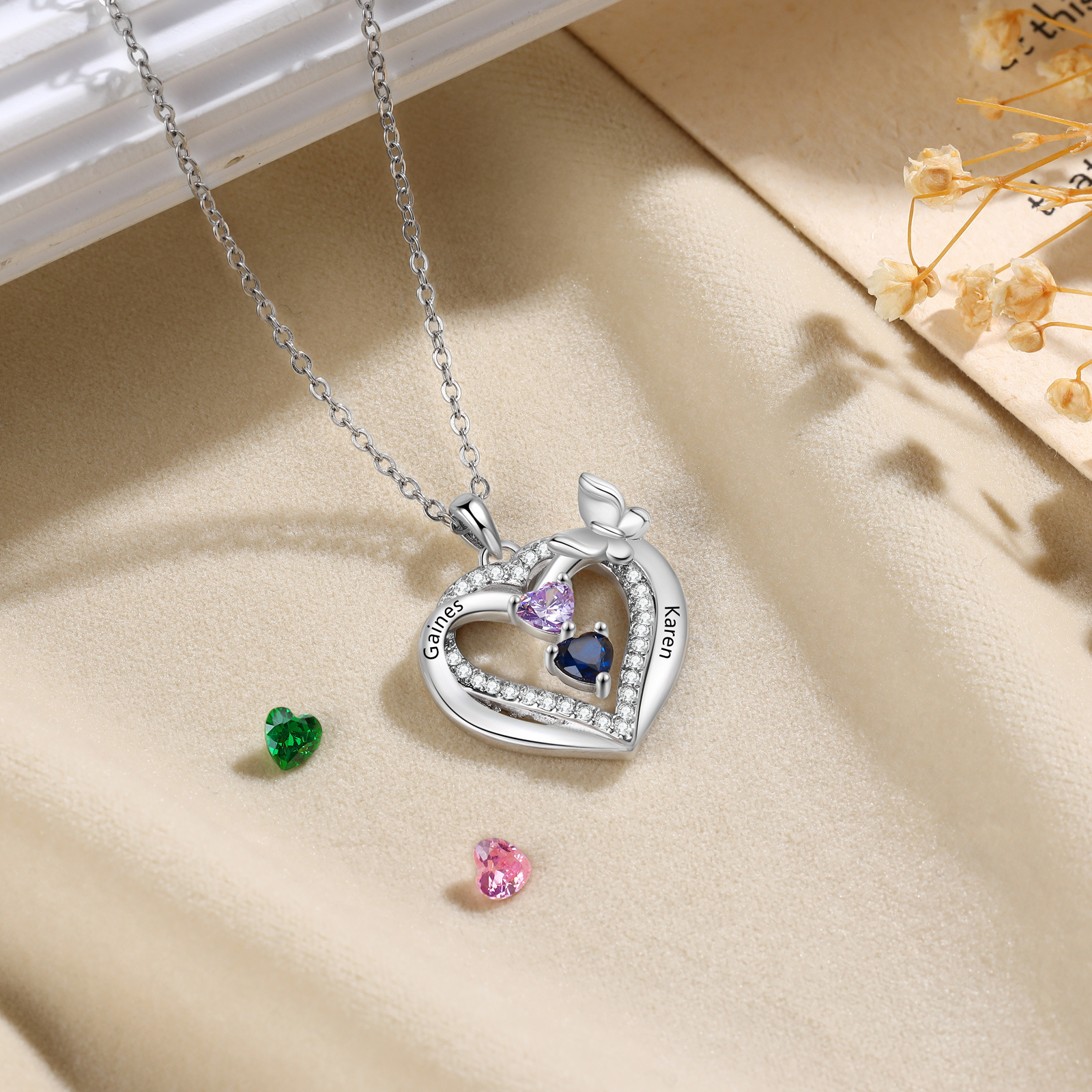 Personalized 1-3 Names Butterfly Heart Birthstone Necklace