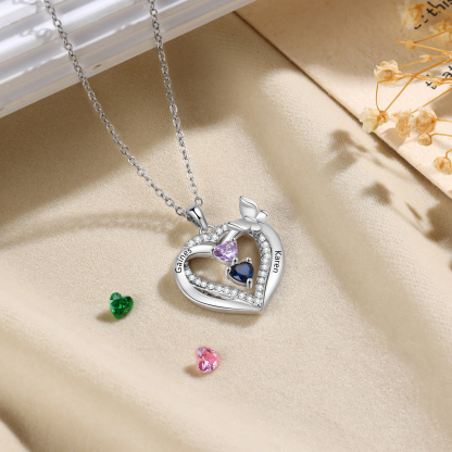 Personalized 1-3 Names Butterfly Heart Birthstone Necklace
