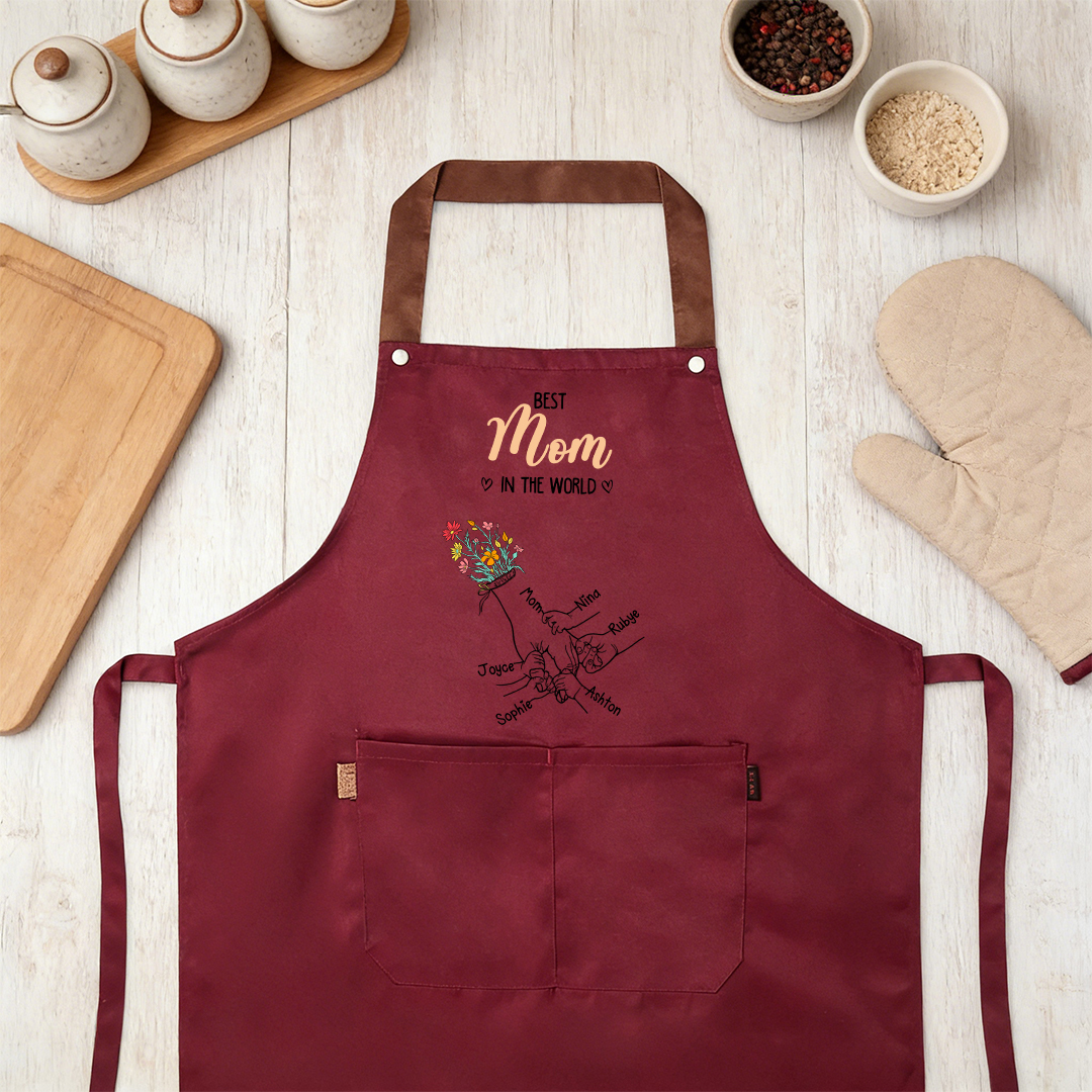 Personalized Floral Kitchen Apron Holding Hands Custom with 2–7 Names Gift for Mom or Grandma
