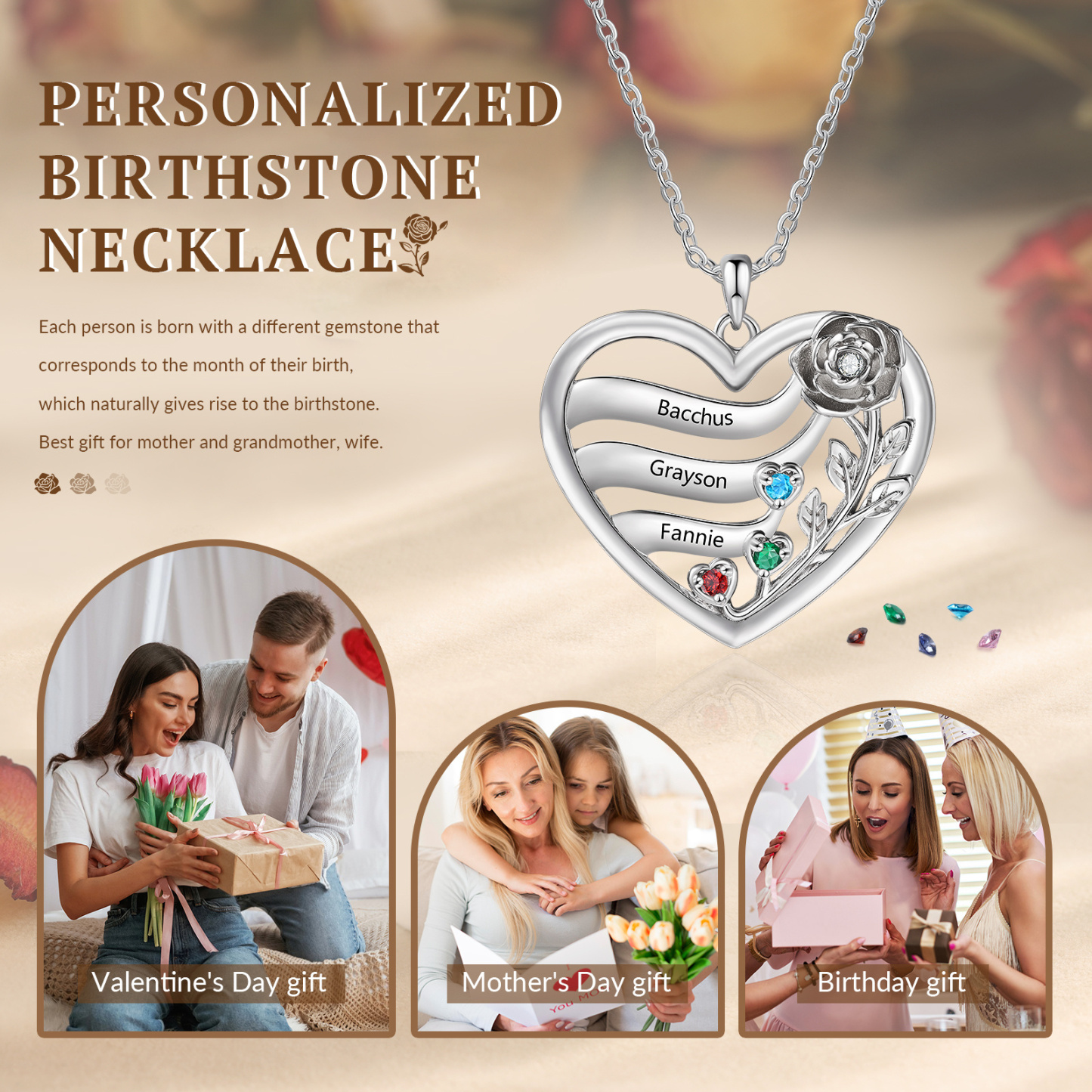 Personalized Rose Heart Birthstone Necklace Custom with 2–5 Names
