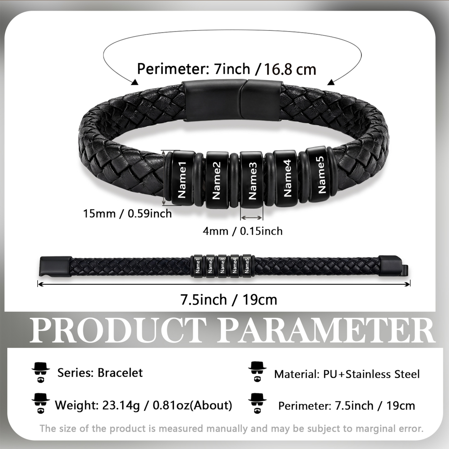 Personalized Leather Braided Bracelet Custom with 2-6 Name Beads