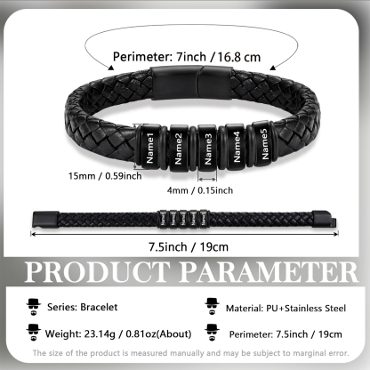 Personalized Leather Braided Bracelet Custom with 2-6 Name Beads