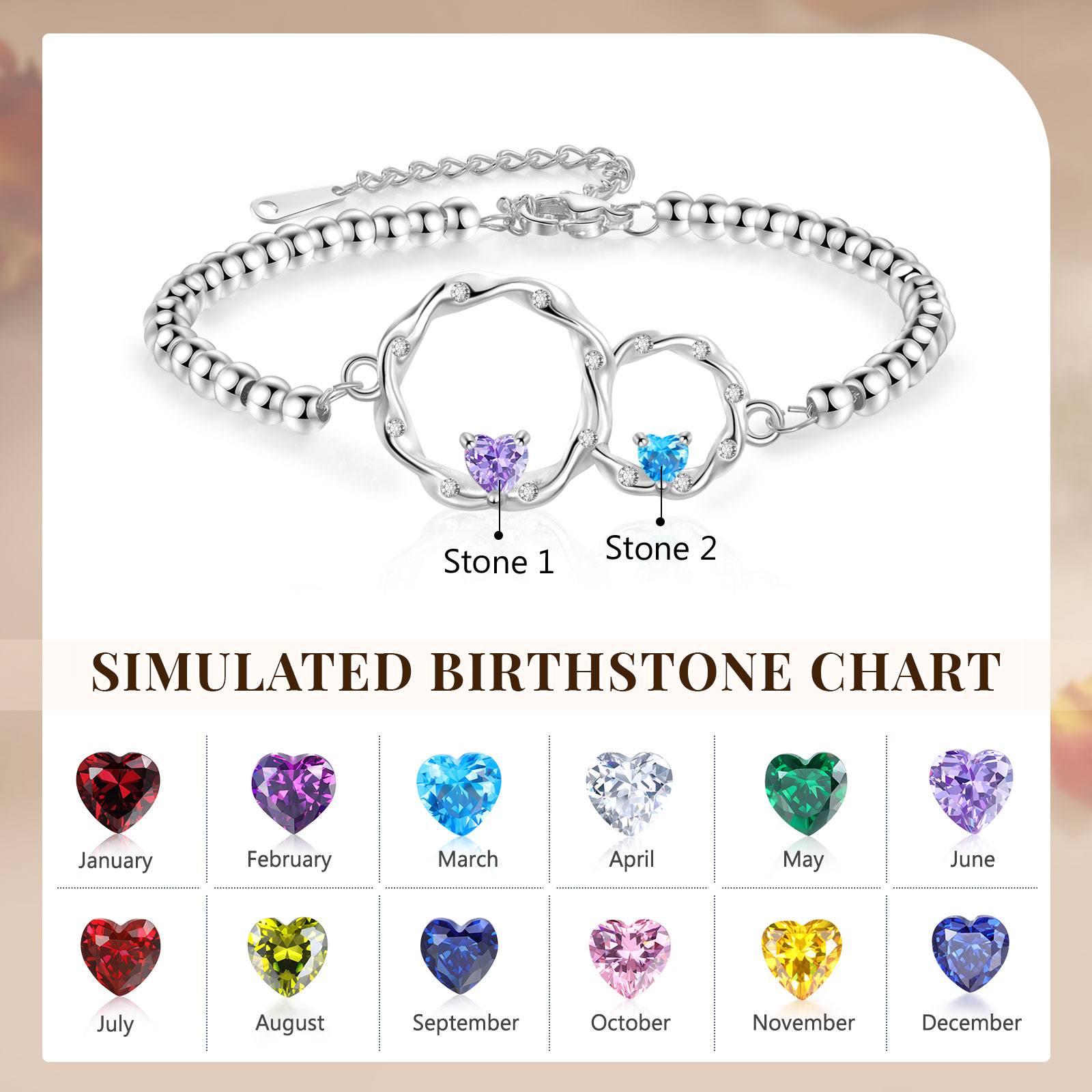 Personalized Mother Daughter Linked Circle Bracelet Custom with 2 Birthstones