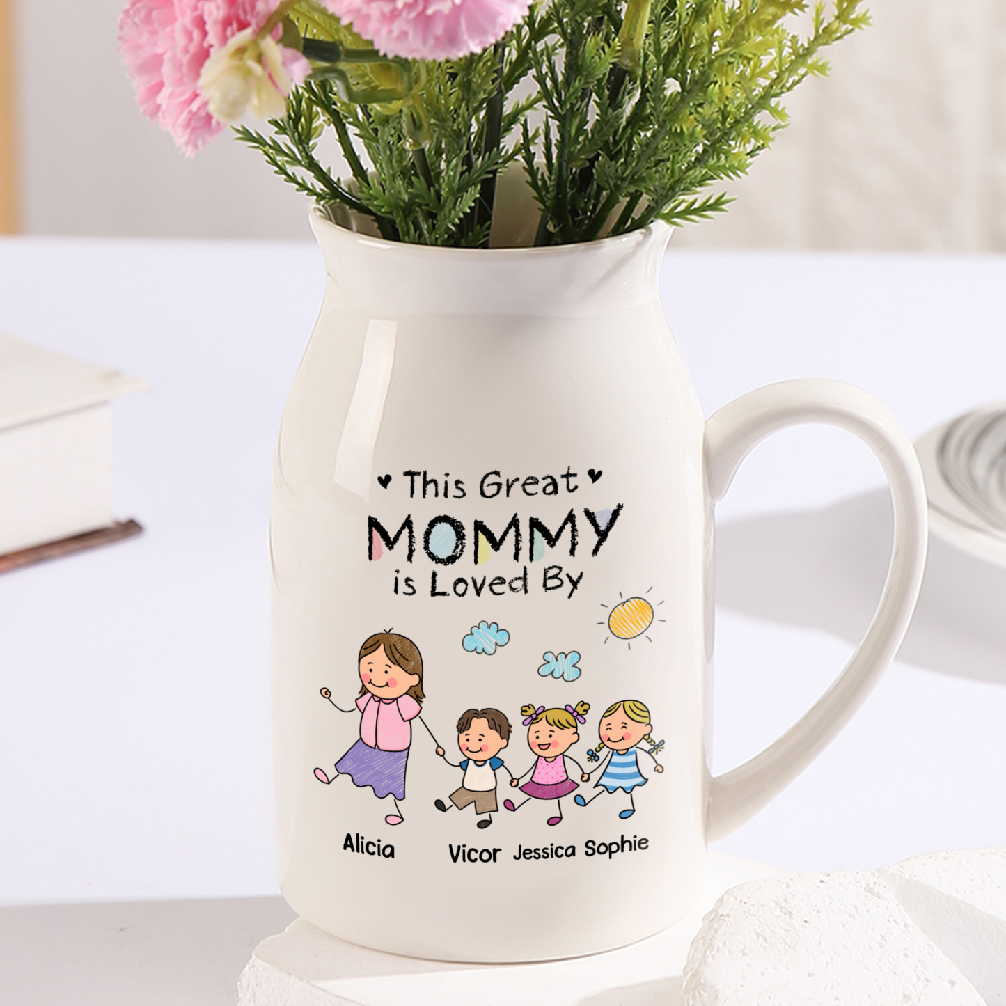 Personalized ceramic flower vase with handle, cartoon kids design, customized with 1 to 8 names and sweet child figures, Mother’s Day or birthday gift for mom, wife, grandma | Jessemade