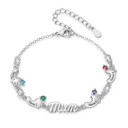 Personalized Mom Bracelet with 2–5 Baby Feet Names and Birthstones
