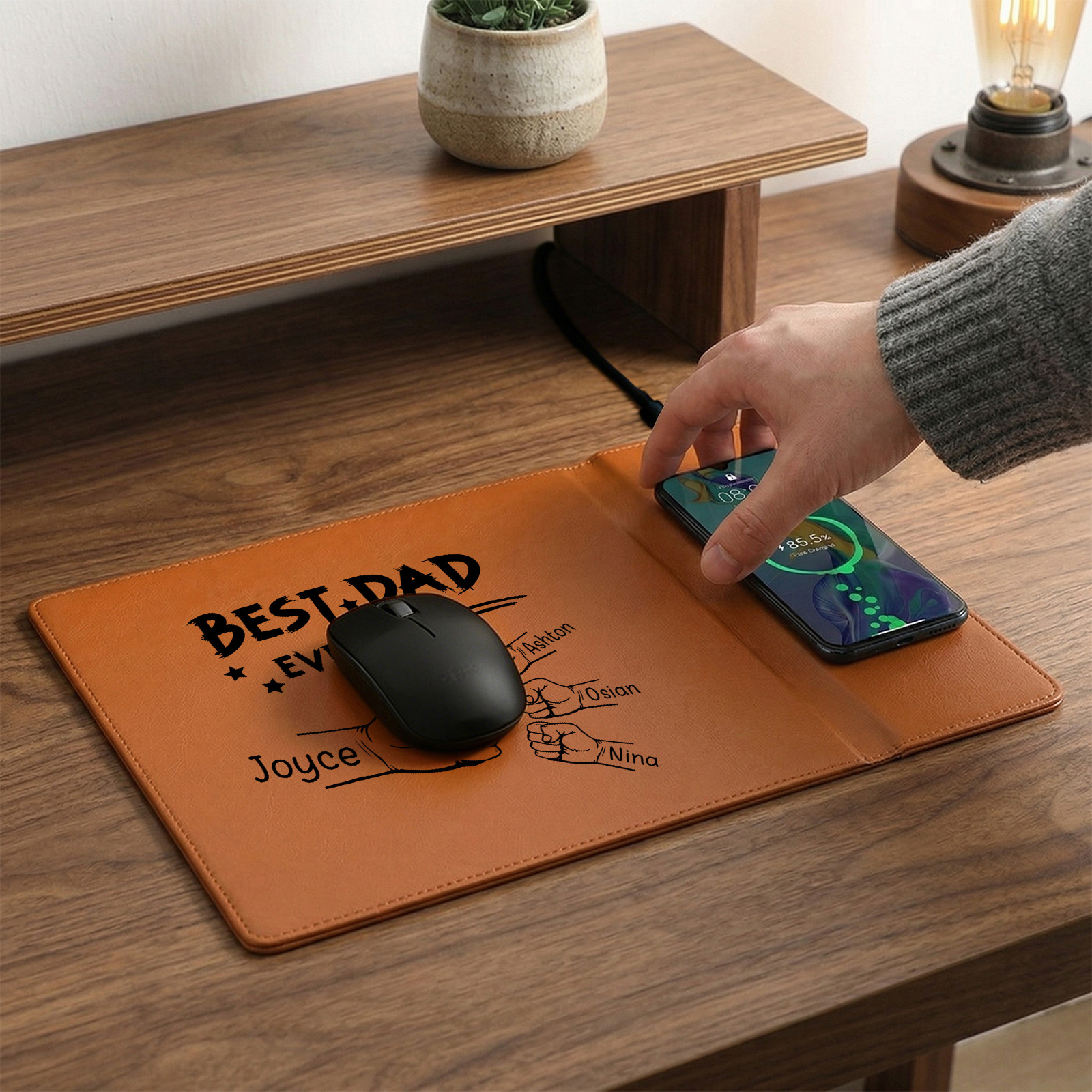 Personalized Leather Desk Pad With Wireless Charging Function Custom with 1-6 Names And Fist Bumps