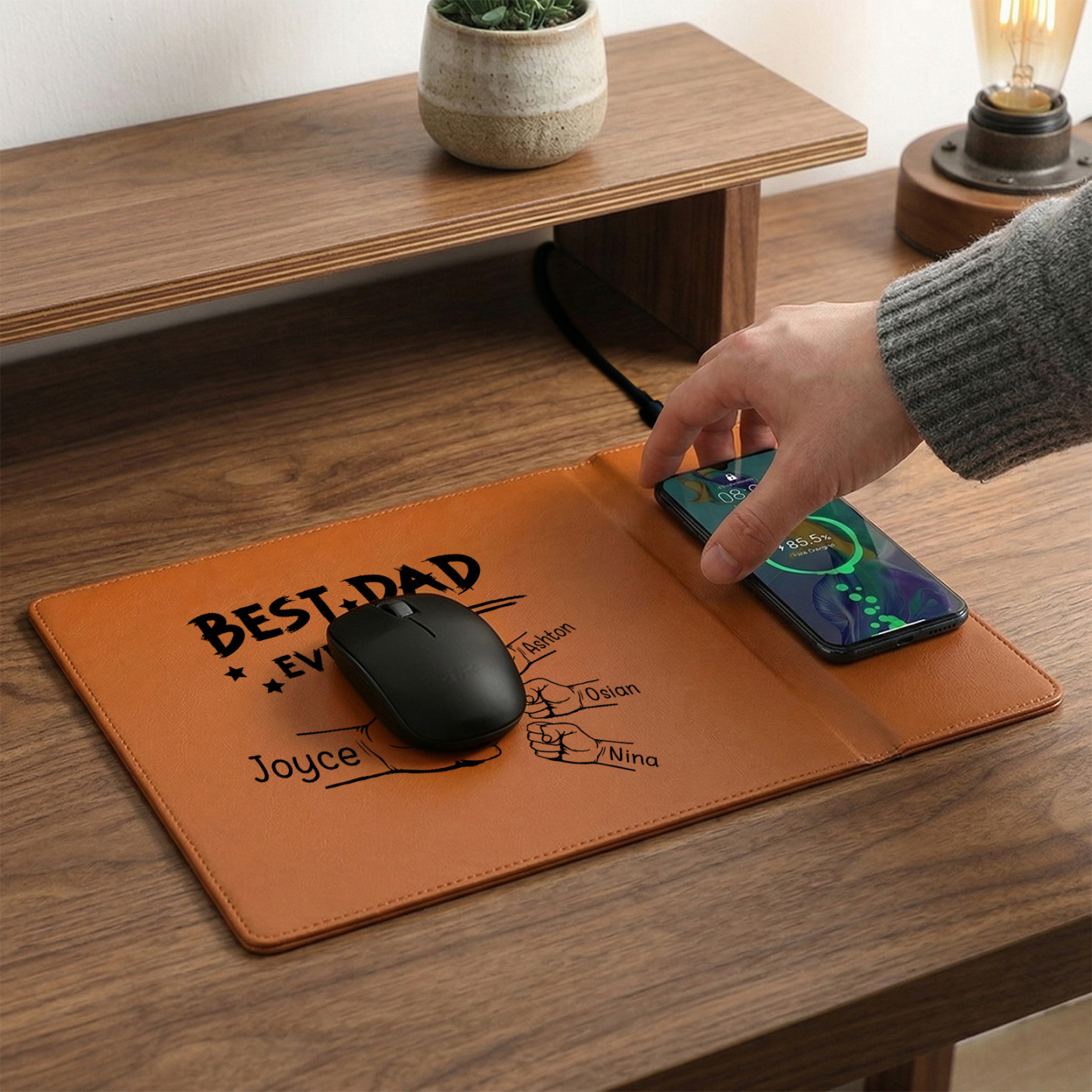 Personalized Leather Desk Pad With Wireless Charging Function Custom with 1-6 Names And Fist Bumps