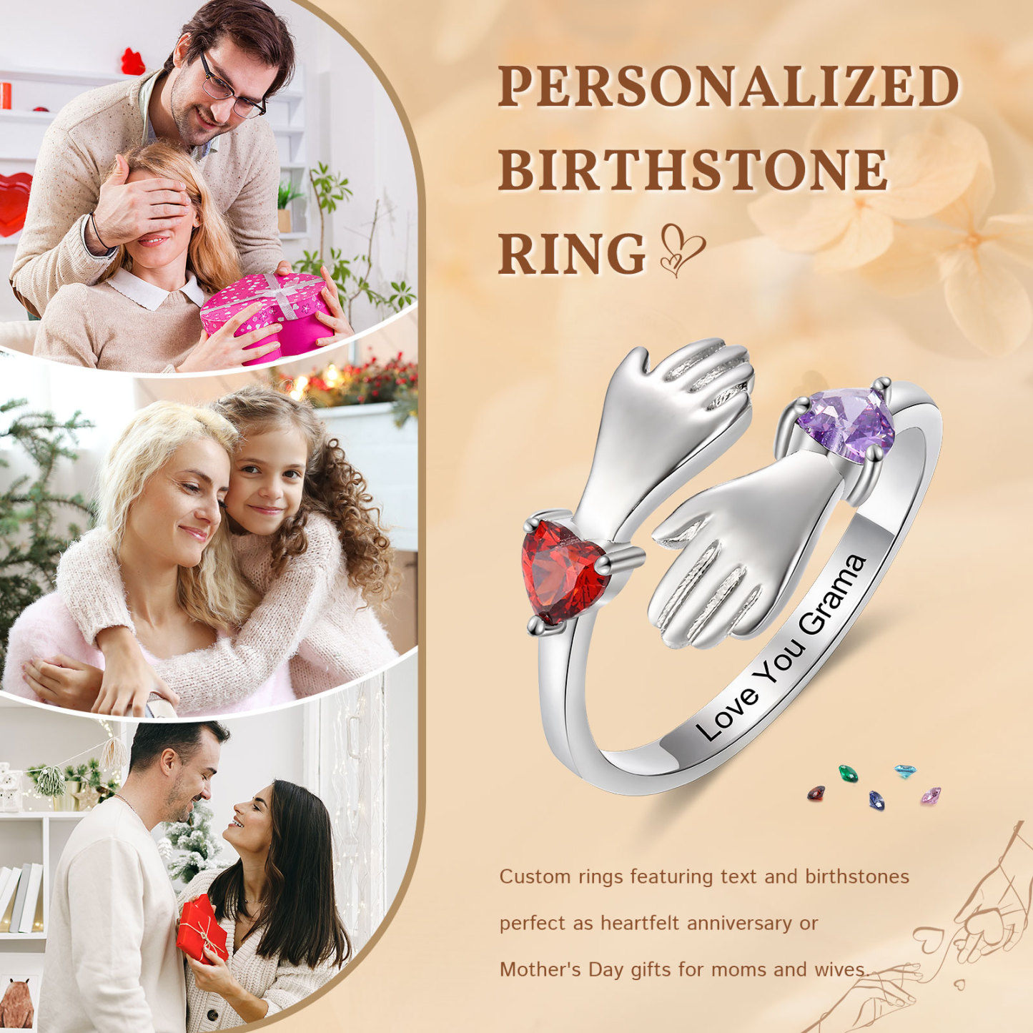 Personalized Hug Hands Ring with Heart Birthstones