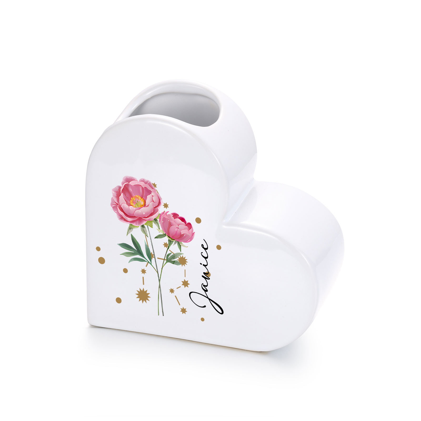 Personalized Heart-shaped Ceramic Vase Custom with Birth Flowers and Zodiac Sign