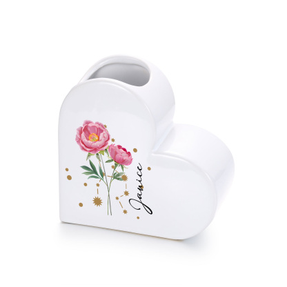 Personalized Heart-shaped Ceramic Vase Custom with Birth Flowers and Zodiac Sign