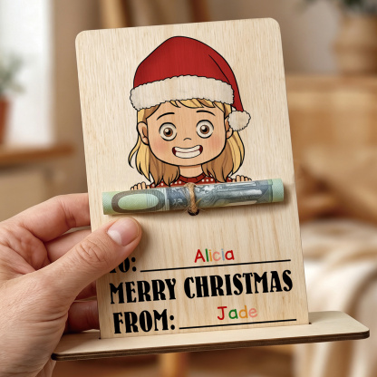 Personalized Wooden Christmas Money Holder with 2 Names Cash Gift Card for Child