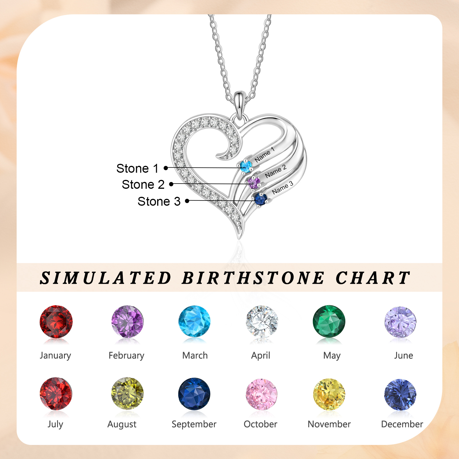 Personalized Heart Necklace with Birthstones Custom with 2–4 Family Names