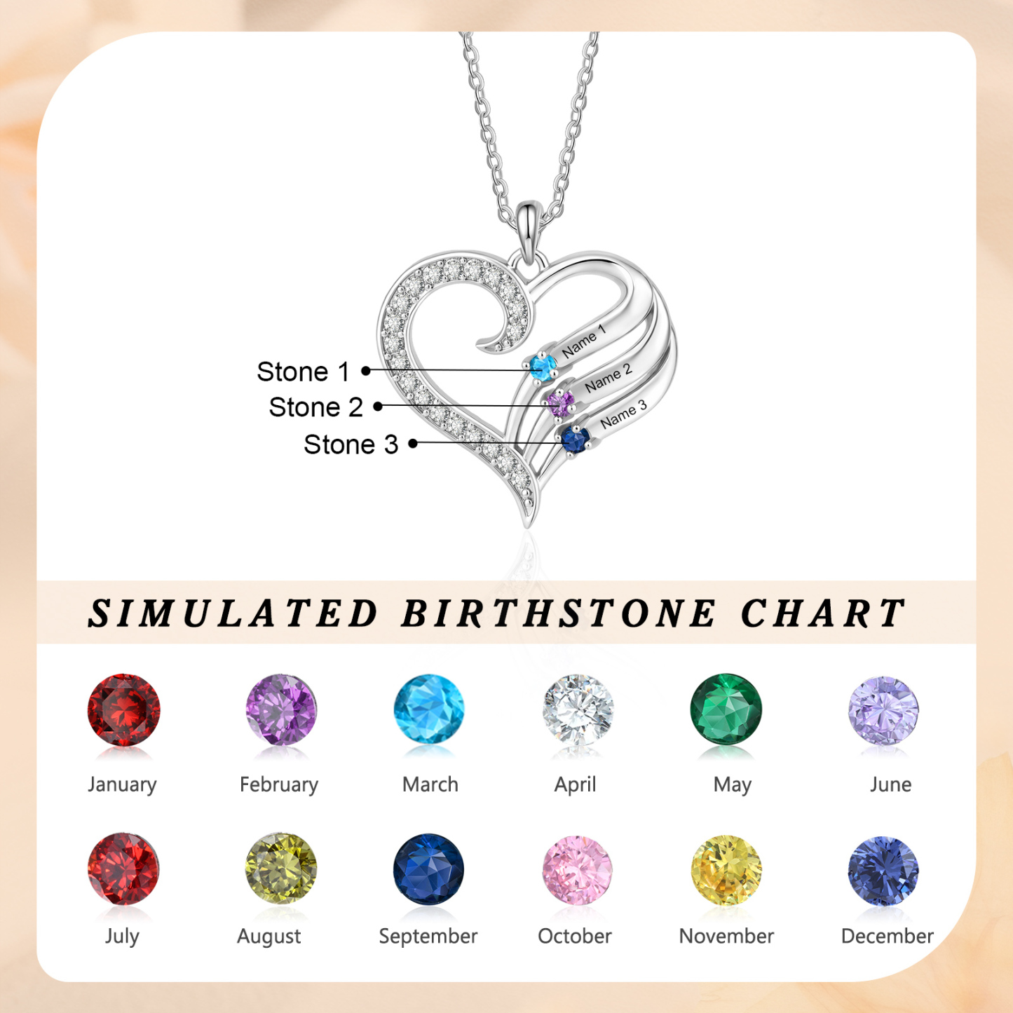Personalized Heart Necklace with Birthstones Custom with 2–4 Family Names