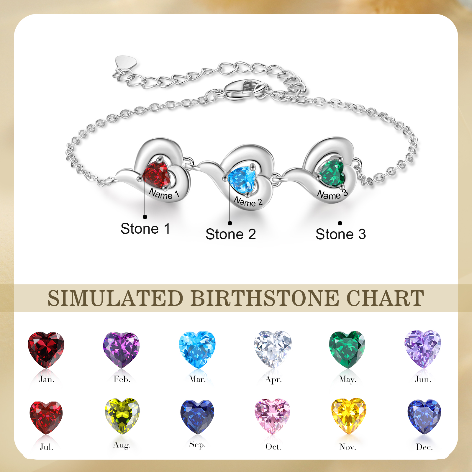 Personalized 1-5 Names Adjustable Heart Birthstone Bracelet | Jessemade