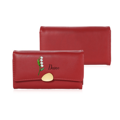Personalized Long Women Leather Wallet Custom with Birth Flower and Name