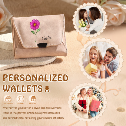 Personalized Women Leather Wallet Custom With Birth Flower And Name