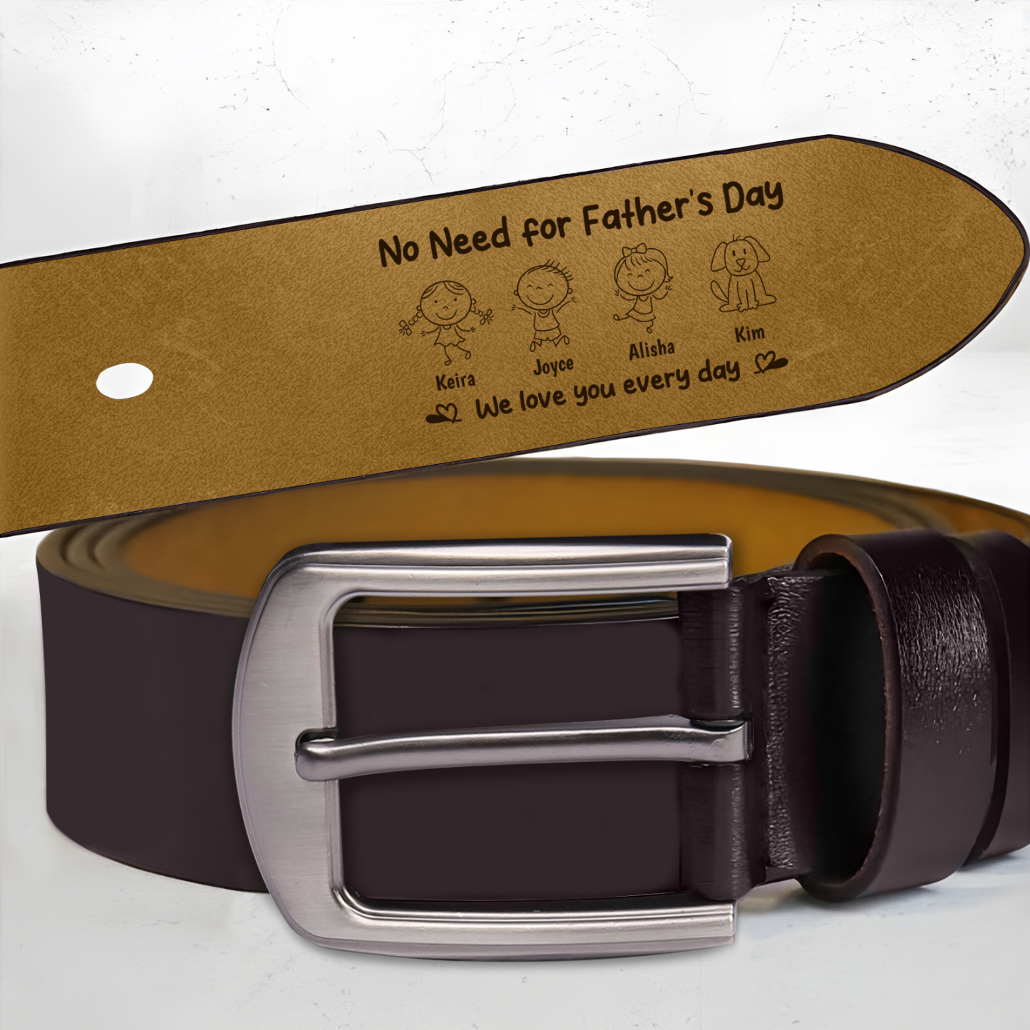 Personalized Leather Belt for Men Customized with 1-6 Names and Kids’ Drawing Gift for Dad Father’s Day