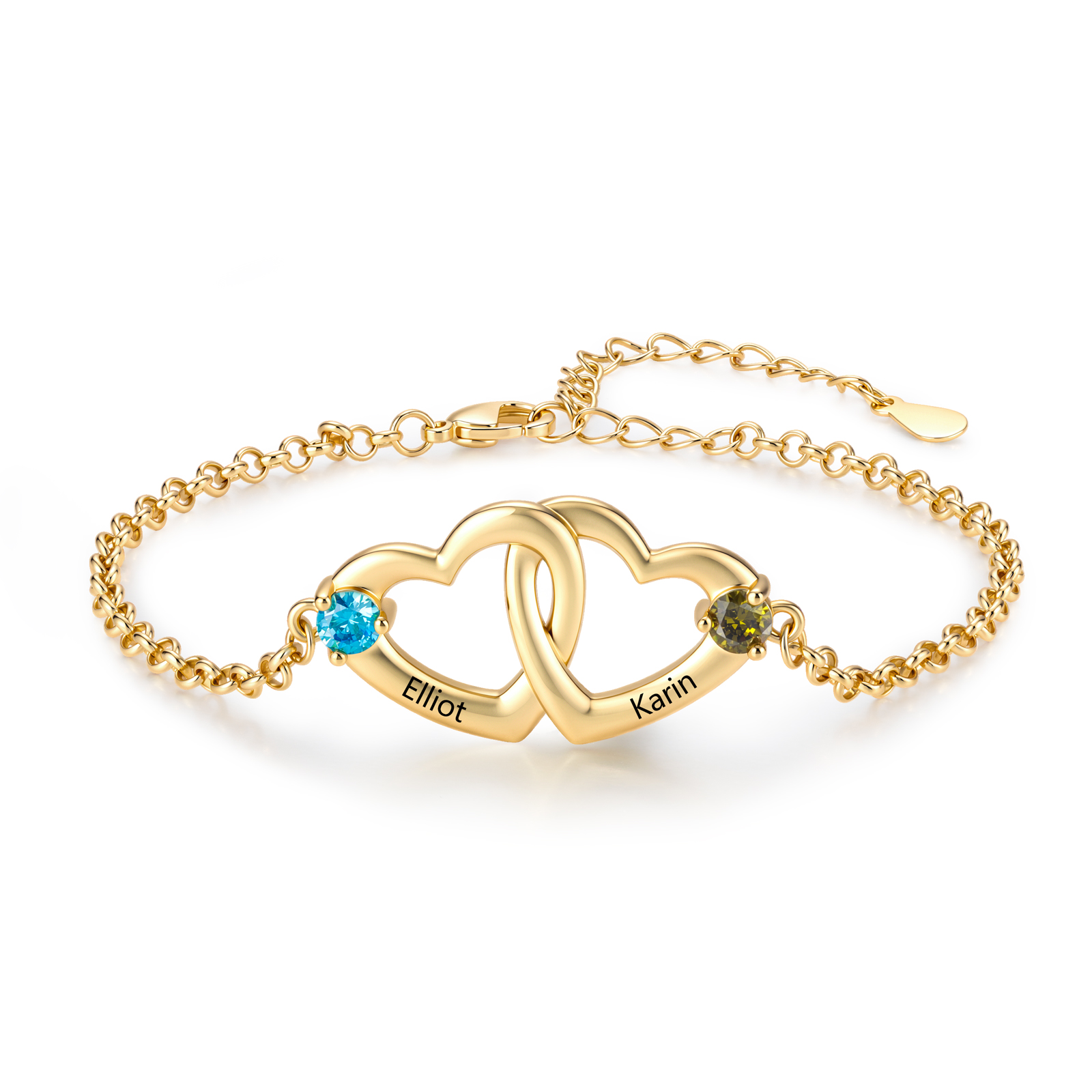 Personalized Heart Bracelet Custom With 2 Names 2 Birthstones Gift For Her
