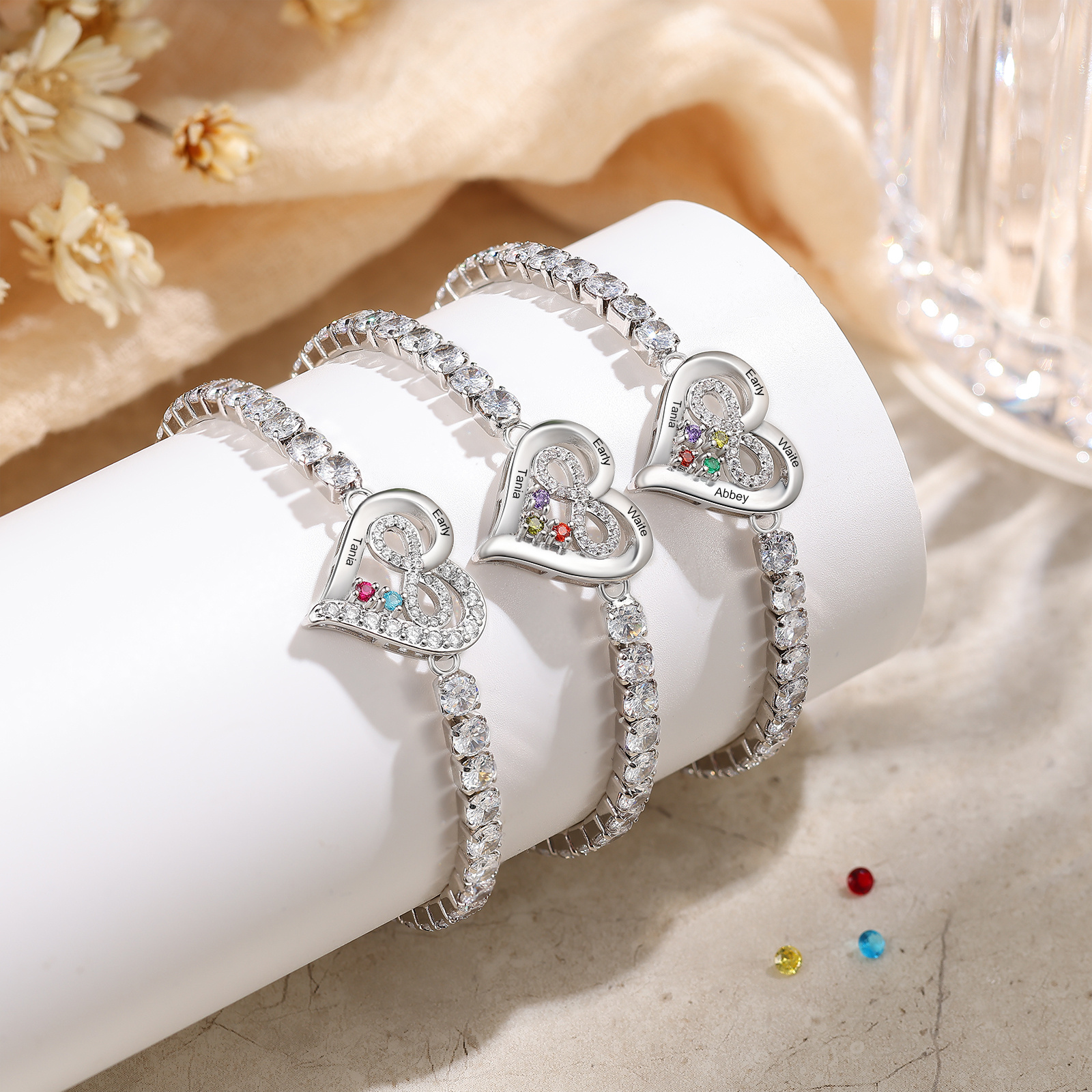 Personalized Tennis Bracelet with Infinity Heart Custom 2-4 Names and Birthstones Adjustable with Cubic Zirconia