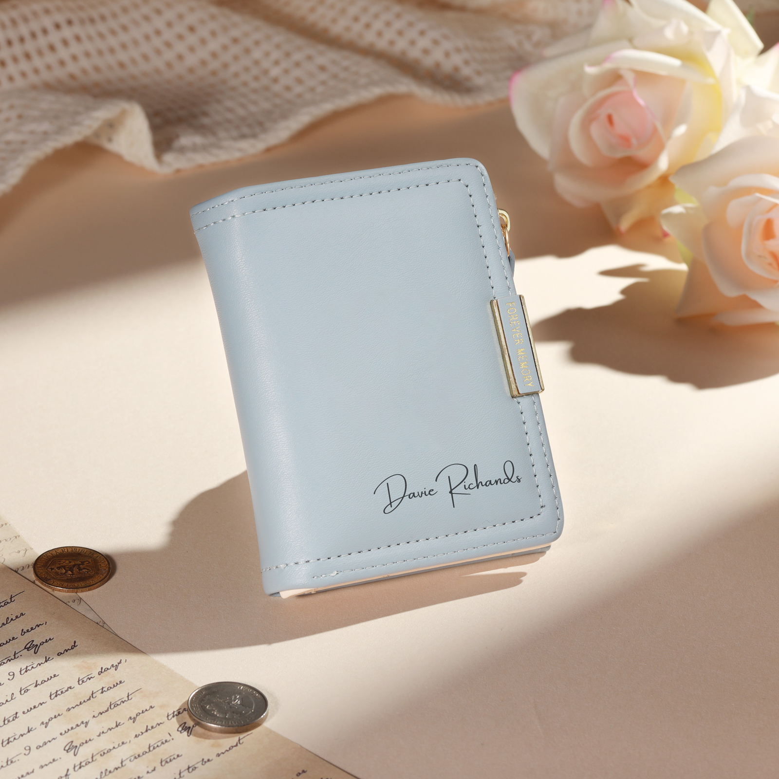 Personalized Leather Zippered Wallet Custom With Photo And Engraved Name