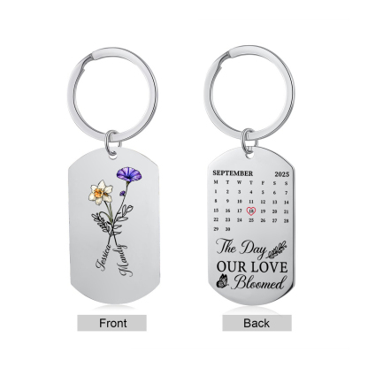 Personalized Keychain with Floral Calendar — The Day Our Love Blossomed