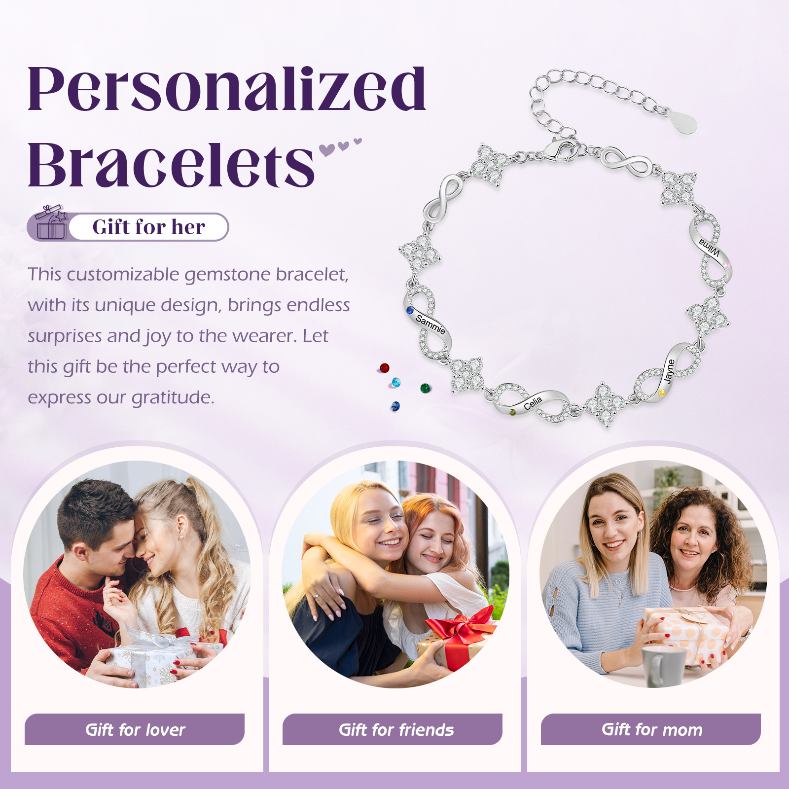 Personalized Infinity Birthstone Bracelet with 1–5 Family Names
