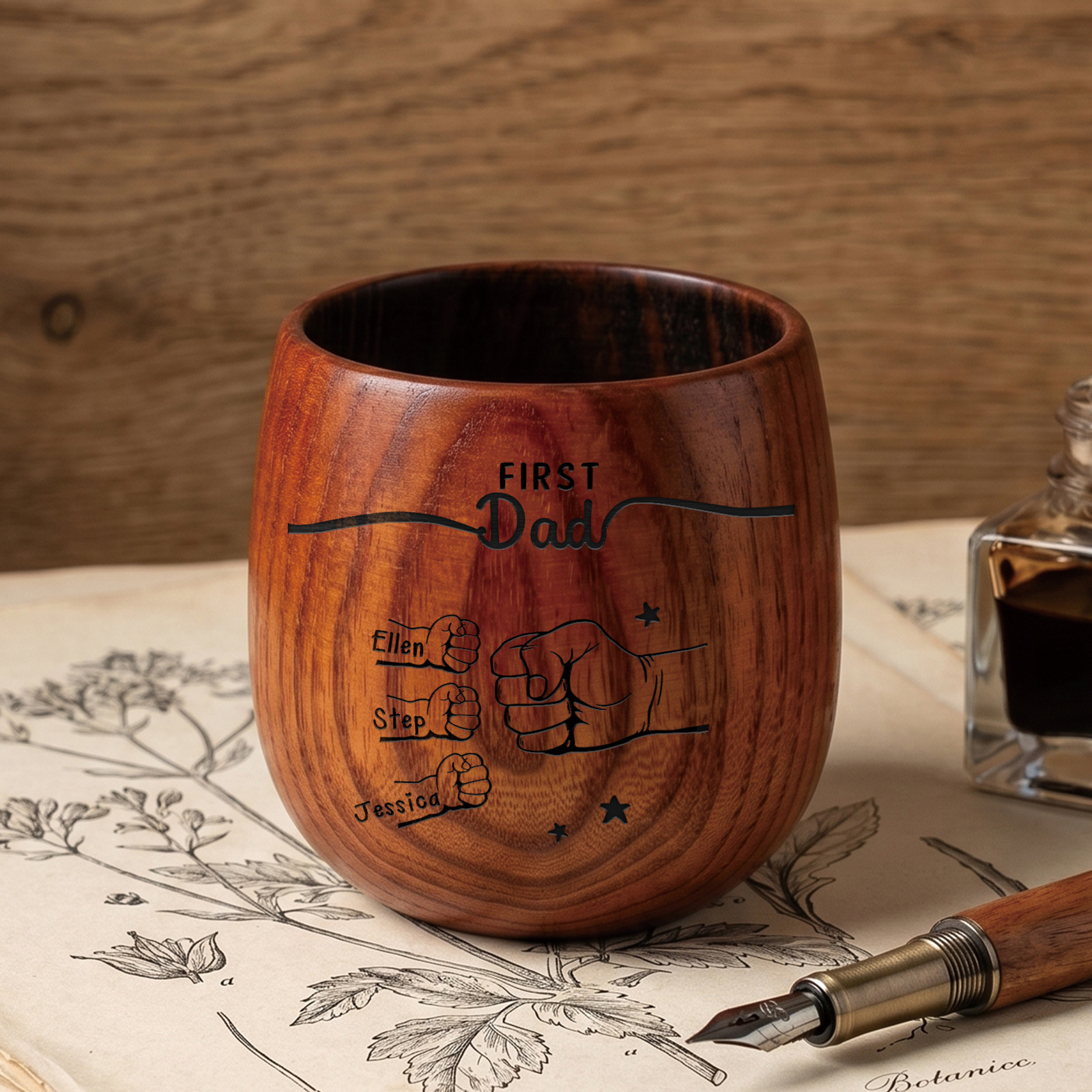 Personalized Wooden Whiskey Cup for Dad Grandpa Customized with 2-12 Names and Fist Bumps