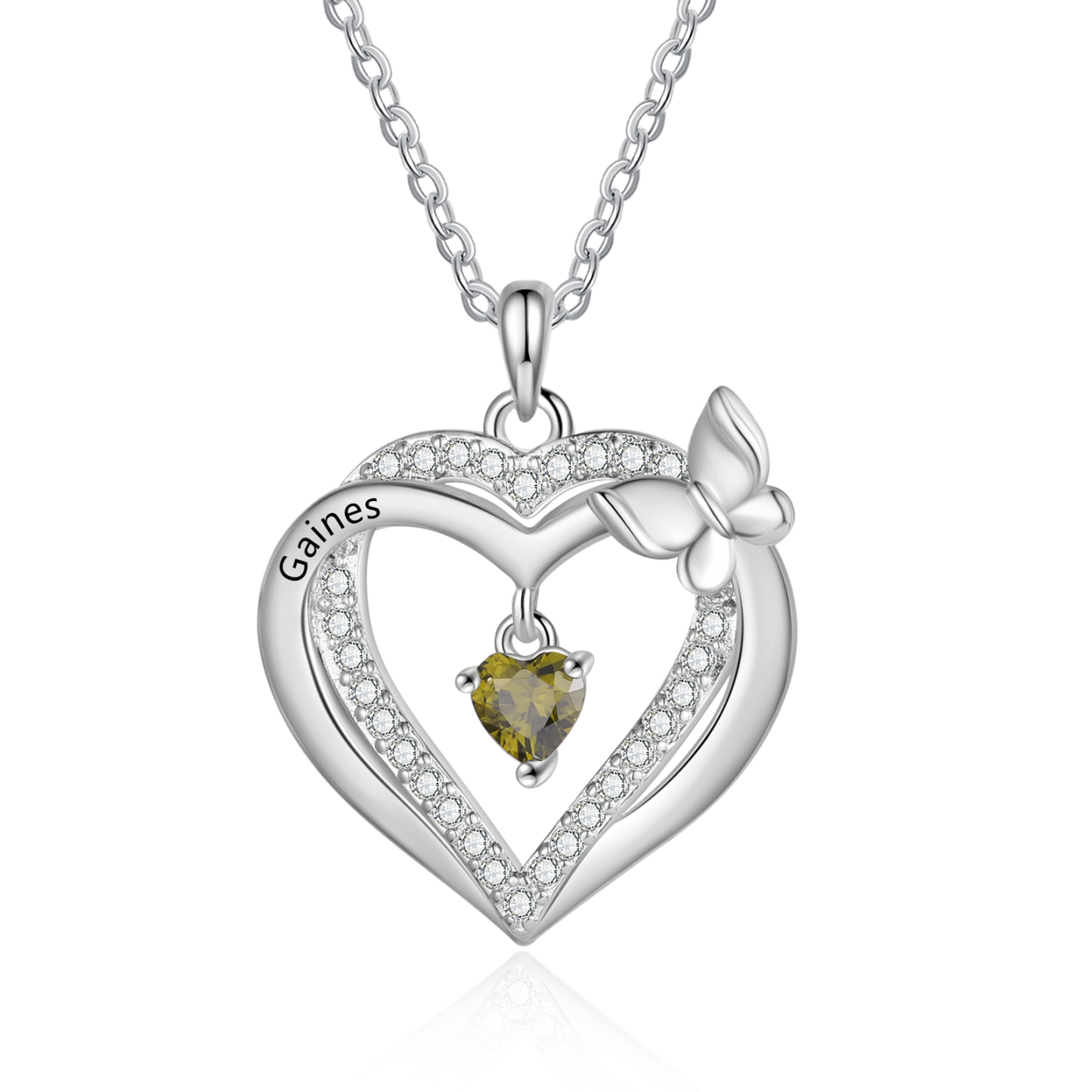 Personalized 1-3 Names Butterfly Heart Birthstone Necklace
