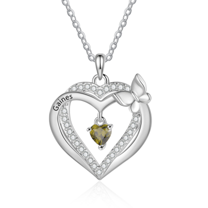 Personalized 1-3 Names Butterfly Heart Birthstone Necklace