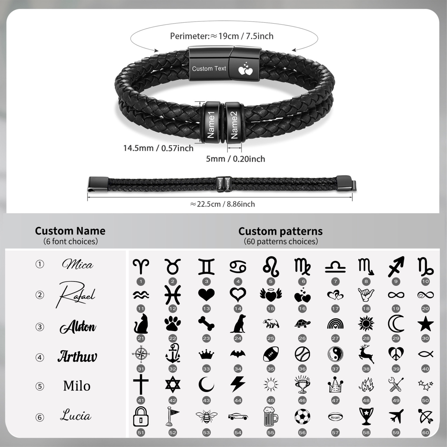 Personalized Black Braided Leather Bracelet Custom With 2-6 Names For Men