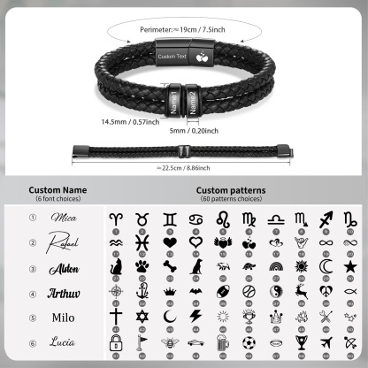 Personalized Black Braided Leather Bracelet Custom With 2-6 Names For Men