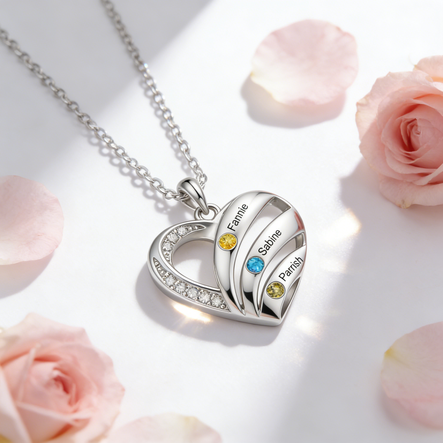 Personalized Heart Birthstones Necklace Customized With 3–5 Names And Stones