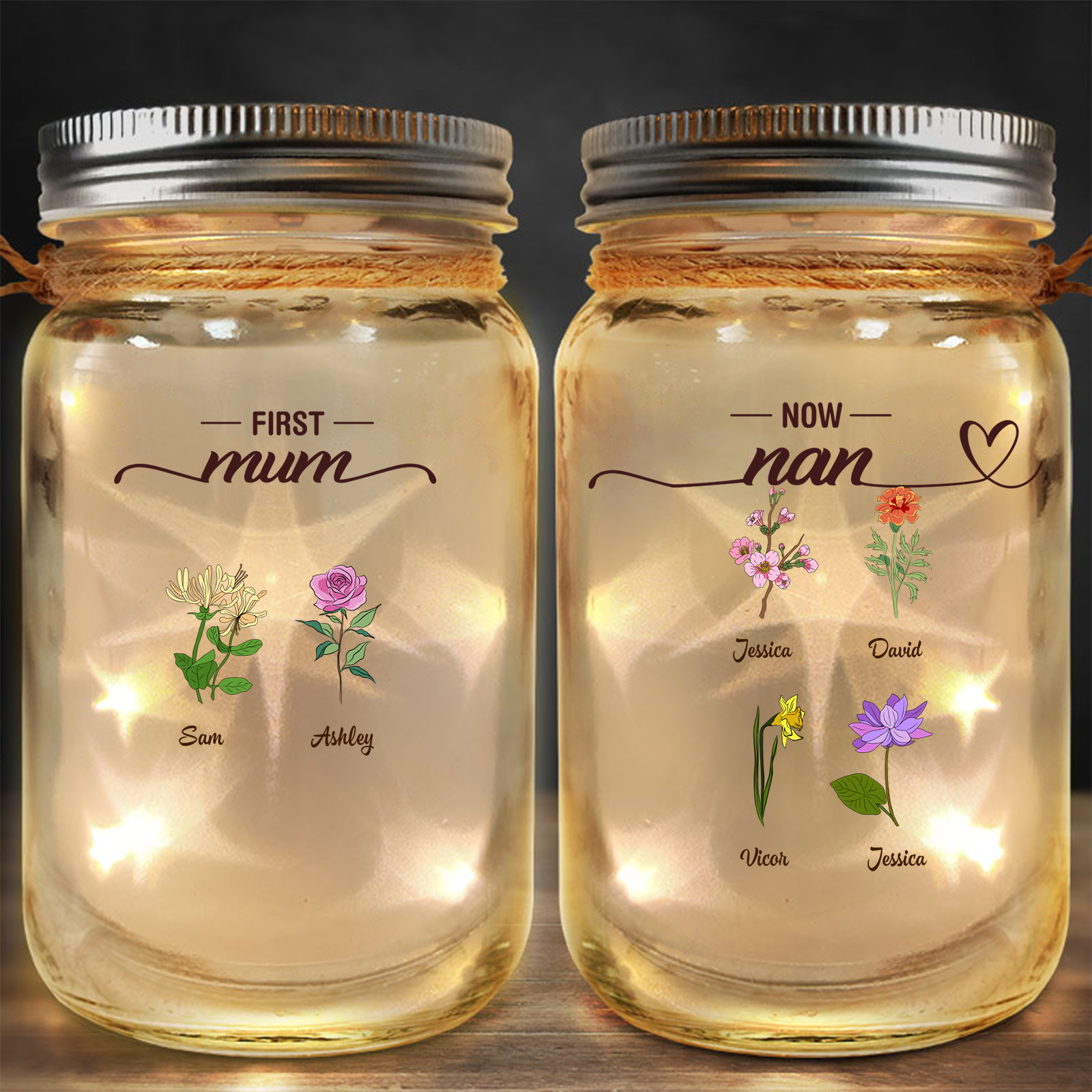 Personalized Family Flower Solar Mason Jar Light customizable Mother's Day Birthday gift for Mom Nana Grandma sentimental night lamp | Jessemade