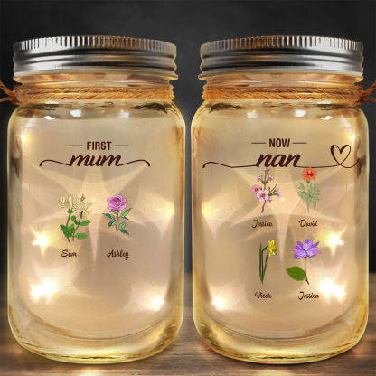 Personalized Family Flower Solar Mason Jar Light customizable Mother's Day Birthday gift for Mom Nana Grandma sentimental night lamp | Jessemade