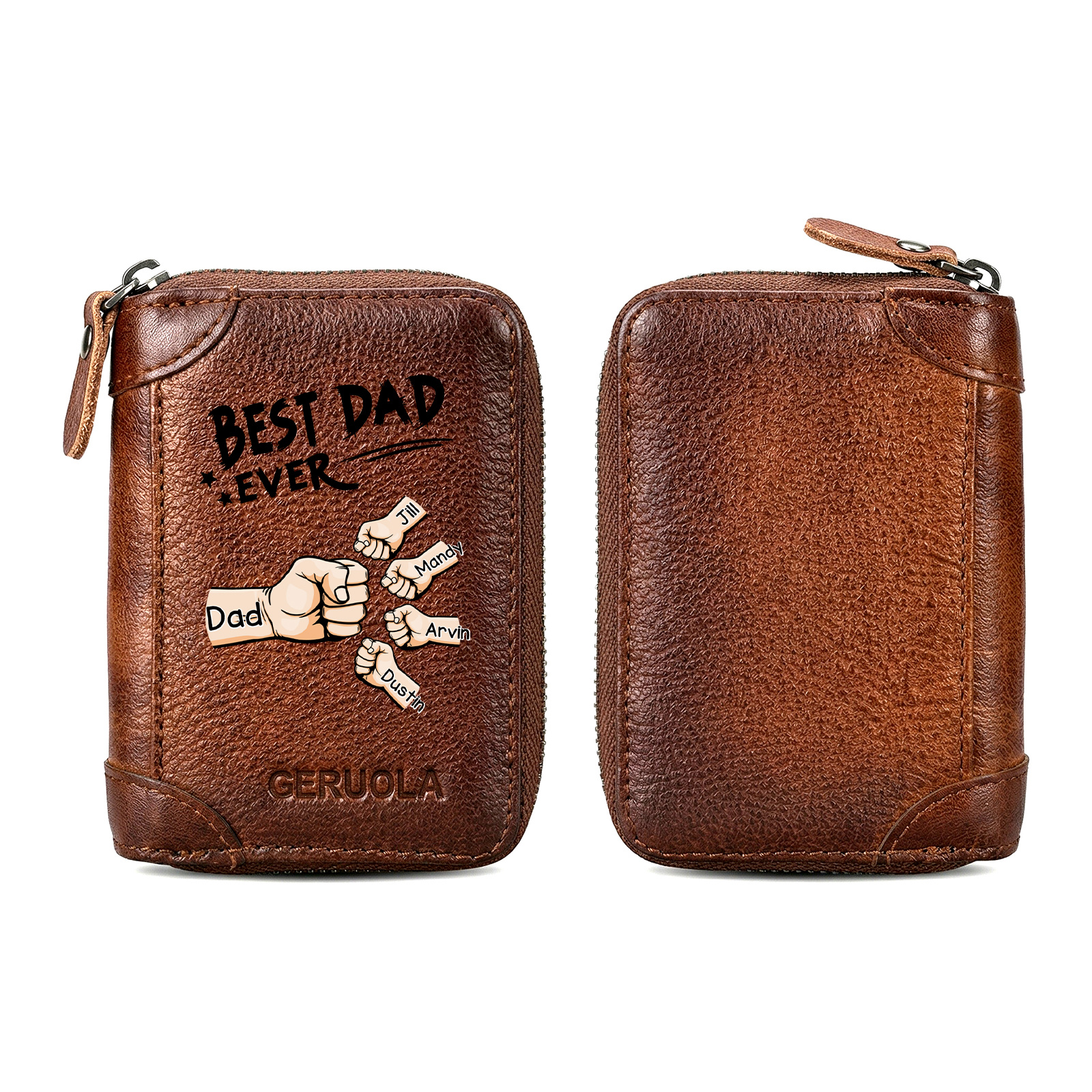 Personalized Genuine Leather Card Holder Custom with 1–6 Names and Fists Zippered Wallet for the Best Dad Grandpa