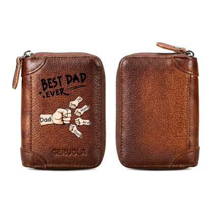 Personalized Genuine Leather Card Holder Custom with 1–6 Names and Fists Zippered Wallet for the Best Dad Grandpa