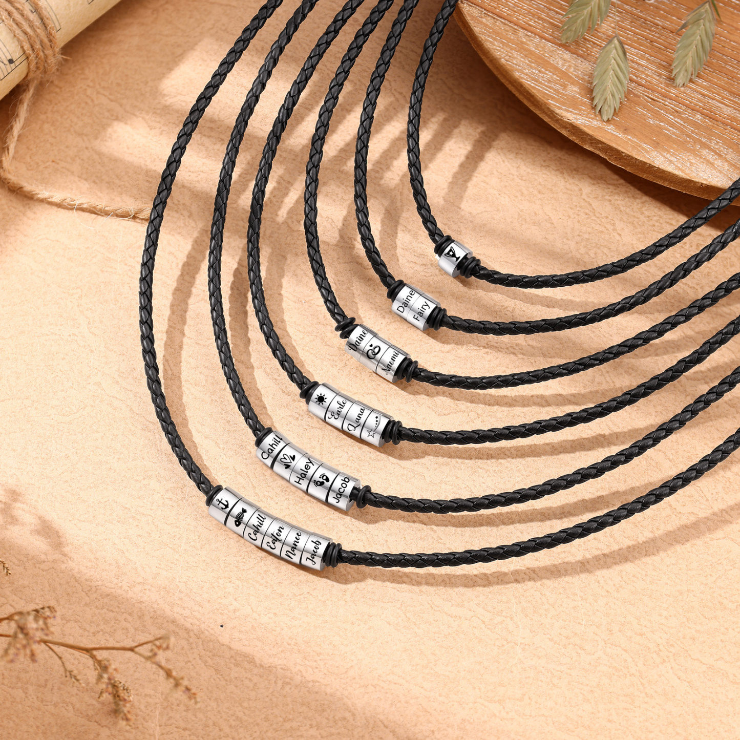 Personalized Braided Leather Necklace for Men Customized with 1–6 Names Beads