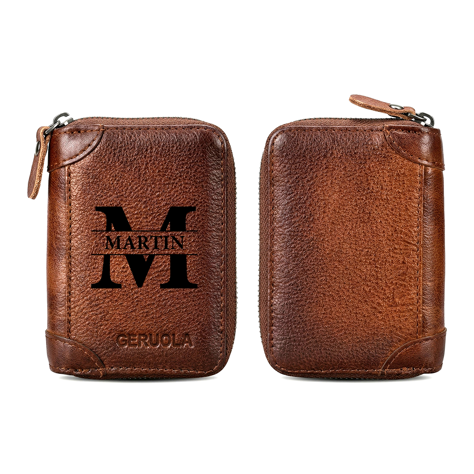 Personalized Genuine Leather Zip Card Holder Multiple Compartments with 9 Designs to Choose From